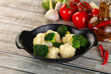 Vegan cuisine Steamed cauliflower and broccoli cabbage