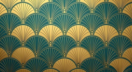 Art Deco Pattern Wallpaper Design with Teal and Gold.