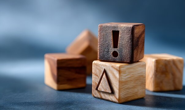 a wooden cubes with Exclamation Mark icon, and warning icon on a blue background,