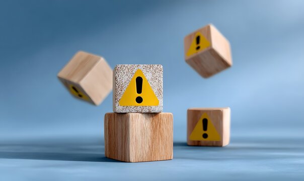 a wooden cubes with Exclamation Mark icon, and warning icon on a blue background,