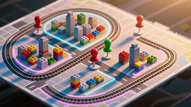 Vibrant miniature city made of toy building blocks displayed upon the map featuring looping train tracks, colorful pins, and glowing neon lines under warm afternoon light