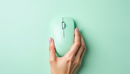 Top view of hand holding mint green wireless computer mouse on solid pastel background with ample copy space. Modern accessory perfect for online browsing, work, gaming, offering clean aesthetic for