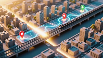 A futuristic smart city scene shows the modern train traveling upon elevated tracks featuring glowing navigation markers and route lines, illuminated by warm sunset light within an urban setting