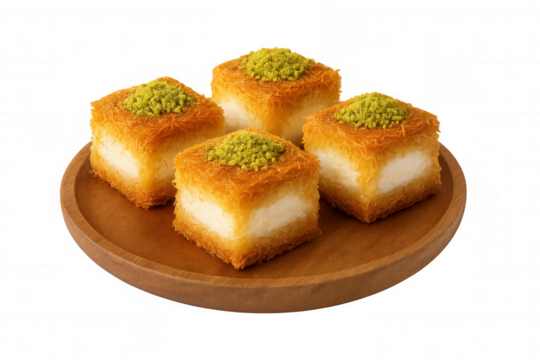 Konafa pastries garnished with crushed pistachios, resting on rustic wooden surface against transparent backdrop