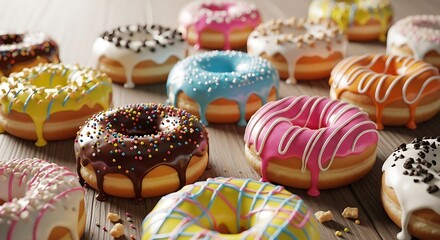 Assorted glazed donuts display presents a vibrant and sweet temptation