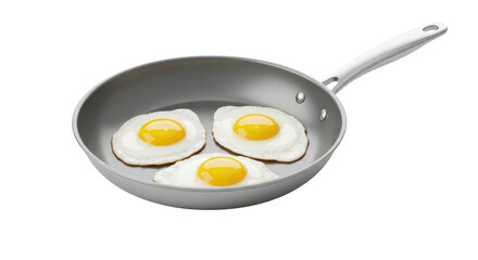 Three perfectly fried eggs cooking in a silver non-stick frying pan, isolated on white background