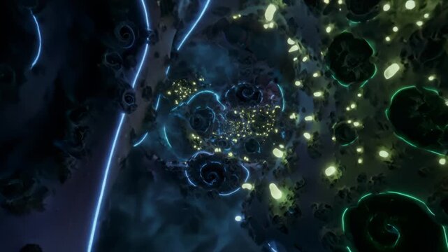 Fractal cavern with glowworms and neon-traced geometry