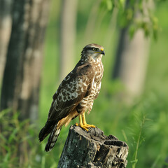 Honey Buzzard Perched on Tree Stump in Natural Habitat
