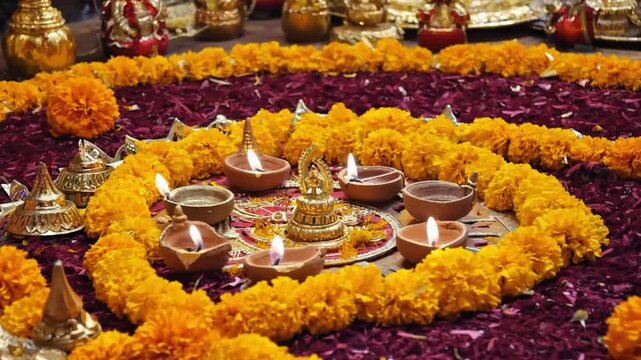 "Diwali festival night with sparkling diyas and colorful decoration in high detail"