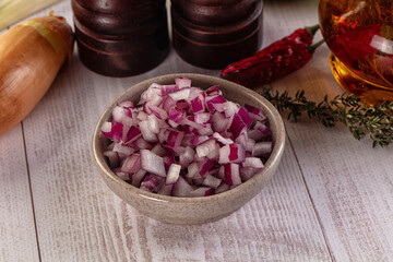 Diced red onion in the bowl