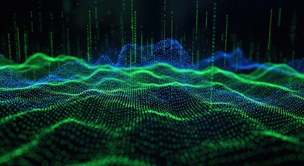 Abstract digital landscape with glowing green and blue particles forming undulating waves and vertical lines against a dark background.