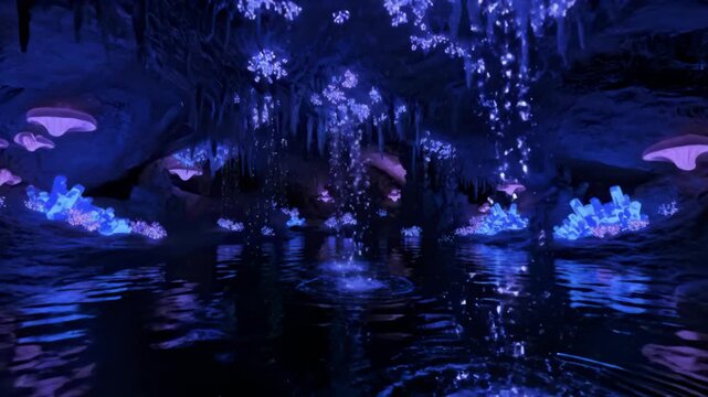 Bioluminescent cave with dripping stalactites and glowing spores