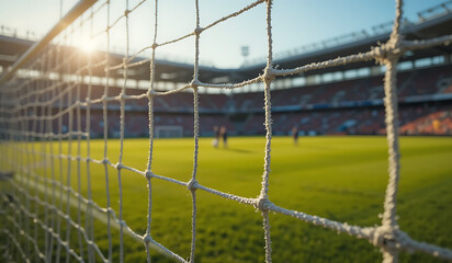 Close-up view through a soccer goal net toward a sunlit stadium field, capturing the anticipation, structure, and atmosphere of a live football match or training session.
