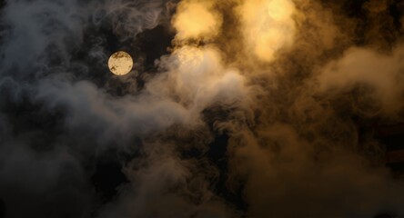 Mystical Full Moon Behind Smoky Cloudscape, Atmospheric Night Scene, Halloween Background, Dark Fantasy, Celestial Event