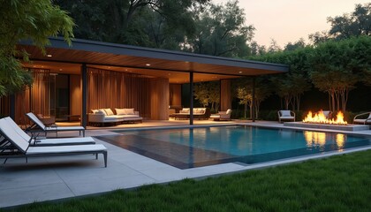 Modern luxury poolside bonfire party features silver pool chairs, a cozy fire pit, and green lawn for a warm stylish gathering. Open-plan architecture with wood accents and comfortable lounge seating.