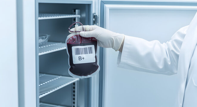 Medical Professional Holding Blood Bag in Freezer with White Coat and Gloves