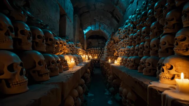 Catacombs lined with skulls, guttering candles and wax tears