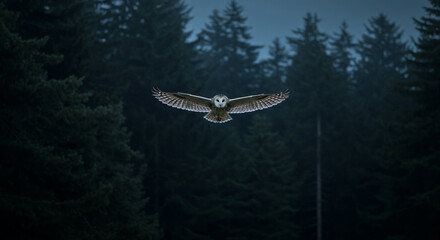 An owl flies over a moonlit night forest.