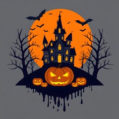 Spooky halloween castle scene with jack o lanterns and bats