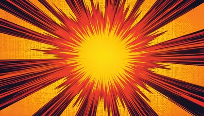 Fototapeta premium Abstract pop art illustration explosion with bright yellow center radiating red orange stripes, dark lines against textured orange background. Dynamic burst pattern suggests motion, celebration