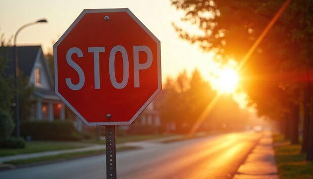 Red stop sign closeup on suburban street during golden hour sunset. Warm sunlight shines through trees, casting long shadows on road. Peaceful neighborhood setting emphasizes traffic safety,