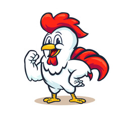 A strong and friendly vector illustration of a muscular cartoon rooster mascot, flexing its arm. This vibrant and bold character is perfect for sports brands, restaurant logos