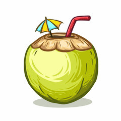 A vibrant cartoon illustration of a fresh coconut drink with a straw and a small umbrella. This image is perfect for themes of summer, tropical holidays, beach parties, and refreshing drinks