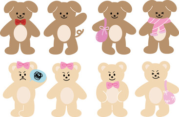 Vector illustration of puppy and teddy bear expression for animal, pet shop, vet, zoo, souvenir, standee, cartoon character, comic, mascot, plush toy, kid doll, pet costume, accessory, mood, feelings