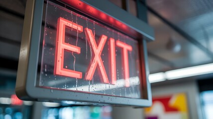 Modern exit sign with red LED lettering on frosted acrylic, hyperrealistic cinematic interior with condensation, soft glow, and reflective silver frame