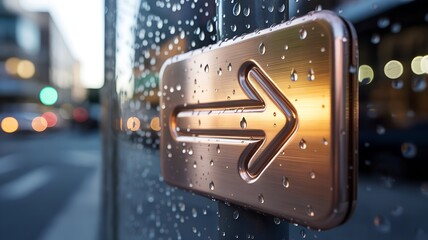 Right-pointing arrow embossed on brushed copper with golden LED backlight, hyperrealistic cinematic urban scene with condensation, bokeh reflections, and warm-cool contrast
