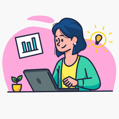 A cartoon illustration of a woman working on a laptop, surrounded by icons of a chart and a lightbulb. This image is perfect for themes of business, data analysis, ideas, and remote work