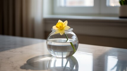 Minimalist glass jar with floating yellow daffodil on marble surface in soft natural light, elegant botanical still life with blurred neutral background and fresh reflections
