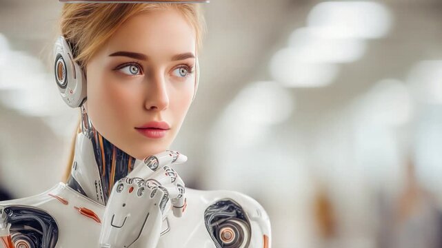 Artificial Intelligence Gaze: The futuristic android stares with its synthetic eyes and human features, blurring the lines of man and machine, revealing a thoughtful gaze.