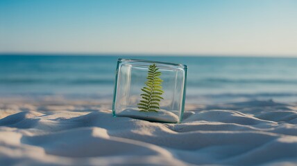 Cube glass container with green fern on white sand beach, hyperrealistic coastal close-up with turquoise ocean backdrop and natural sunlight reflections