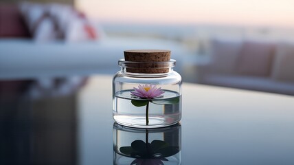 Miniature glass jar with floating lotus flower on reflective black surface, hyperrealistic serene still life with pastel blurred background and soft lighting