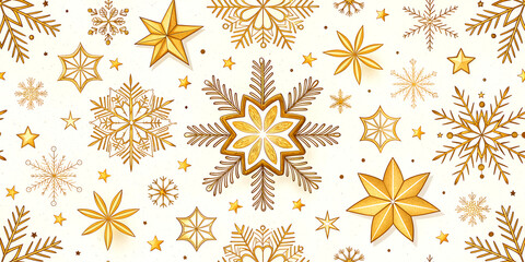 HD 4K seamless Christmas pattern with golden snowflakes, stars, and winter snow