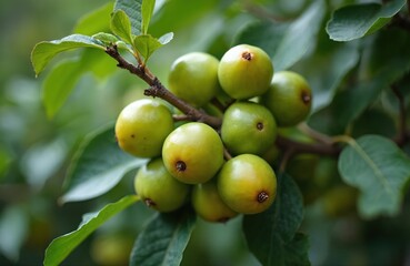 Green jujube tree branches laden with ripe fruits. Close-up captures textured skin of plump, round jujubes, hinting at vitamin C content, natural sweetness. Leaves create soft, blurred background.