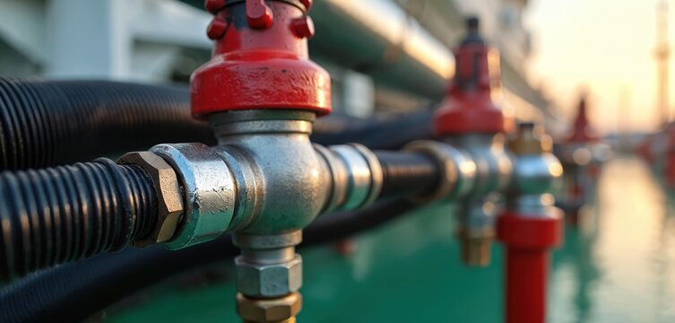 Extreme close-up captures connected fuel transfer hose and closed manifold on maritime vessel. Industrial metal piping system, engineering components, maritime transport, marine industry detail.
