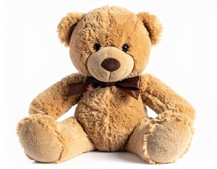 Fototapeta premium Tan Brown Plush Teddy Bear with Brown Bow Tie Isolated on White Background