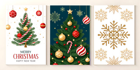 Modern Merry Christmas and Happy New Year greeting card set with typography and minimal art