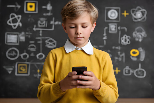 Young boy using smartphone with digital icons and symbols on blackboard background, focused and curious expression