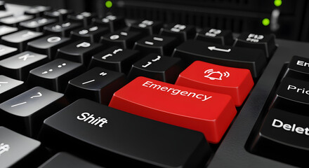 Emergency Red Button on Black Keyboard with Server Rack Background