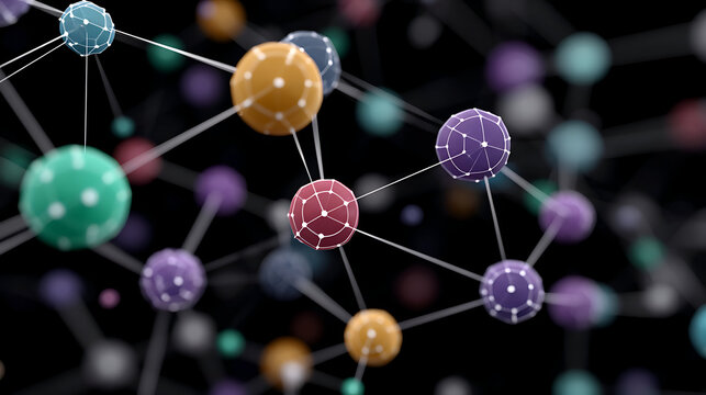 Colorful connected spheres with network lines black background, representing abstract molecular or digital connection concept