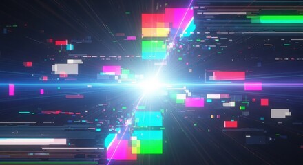 Abstract digital glitch art with bright neon lights and geometric shapes creating a futuristic tunnel effect.