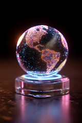 Holographic globe with illuminated continents displayed on transparent stand, glowing with vibrant pink and blue lights