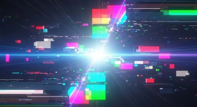 Abstract digital glitch art with bright neon lights and geometric shapes creating a futuristic tunnel effect.