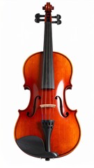 Fototapeta premium Front View of a Wooden Violin with Strings and Bow Against White Background