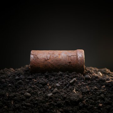 Rusty metal pipe on dark soil, grunge texture, industrial background, decay, corrosion, old object, weathered material, dark background, close-up photography, detailed texture, environmental impa