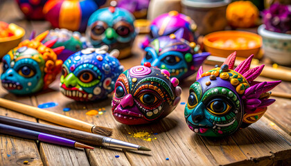 Colorful handpainted ornamental masks on wooden table