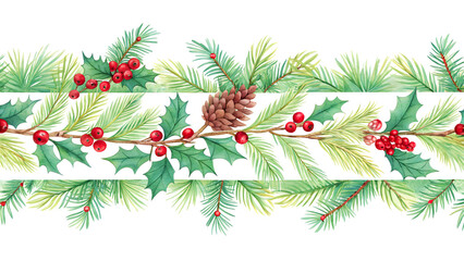 Seamless watercolor Christmas garland with pine twig and red holly berry border